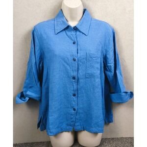 Coldwater Creek Linen Blend Button Front Shirt Womens Medium Blue Casual Beach